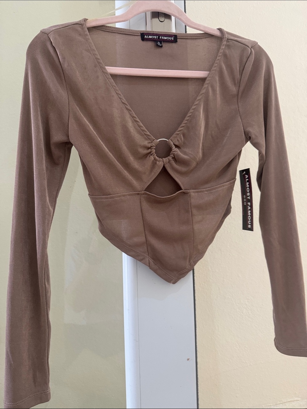 Almost Famous Brown Ring-Front Pointed Hem Crop Top